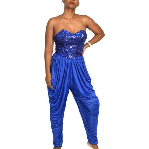 Sequin Draped Jumpsuit Vintage Blue Harem Strapless Sweetheart Pant Size Small - Picture 12 of 16